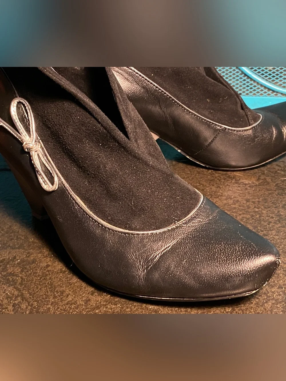 Irregular Choice Poetic License wedge heels,black leather/silver bow,collar,7